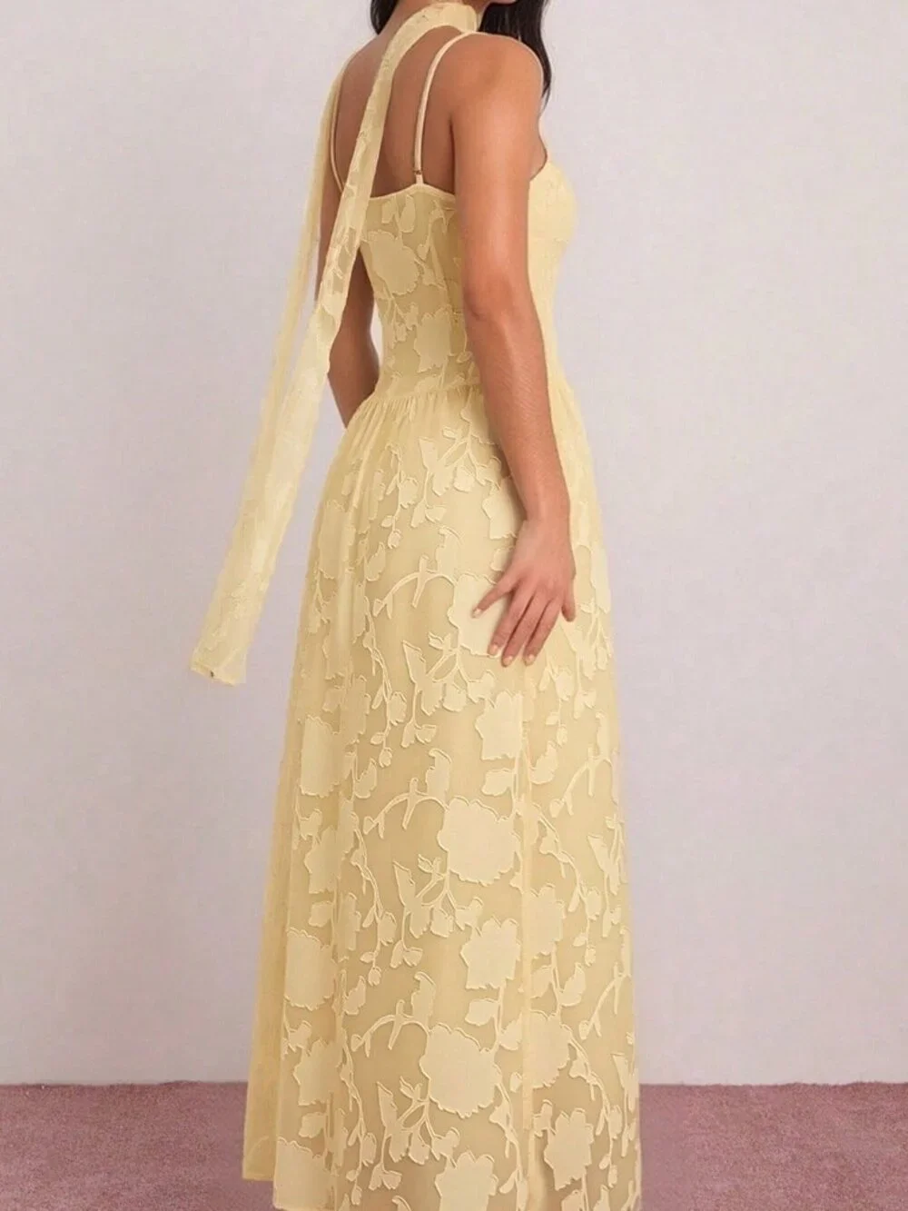 Yellow Elegant Women's French Sleeveless Off-Shoulder Cinched Waist Long Dress